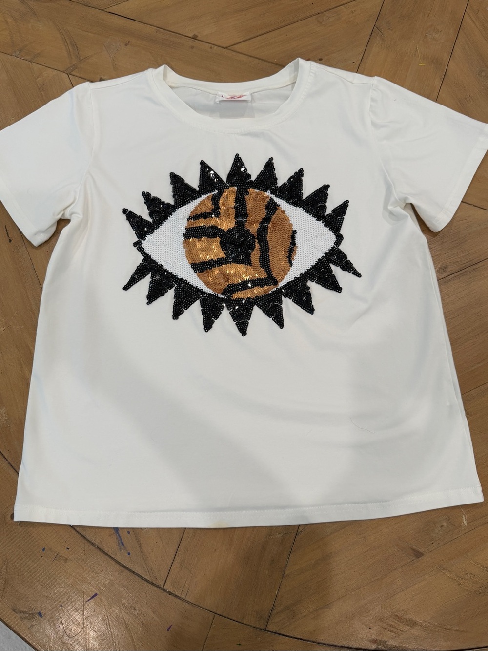 Sparkle City White Sequin Eye Graphic Tee Large Womens